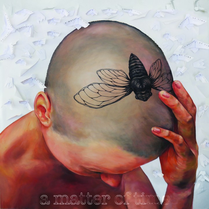 a matter of time-2018. 36 x 36 x 6 deep. Oil on canvas, collage background and acrilic box