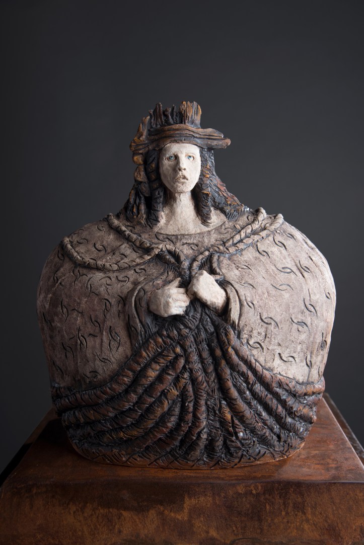 Aimee Perez, La Tejedora, ceramic sculpture with metal base, 20 x 22 x 8 in