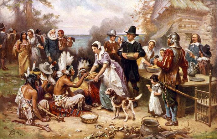 The First Thanksgiving (1915), by Jean Louis Gerome Ferris (American painter, 1863-1930).